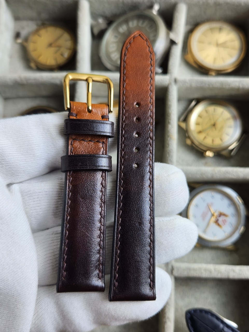 Dây đồng hồ da bò khâu tay size 18 DAY125