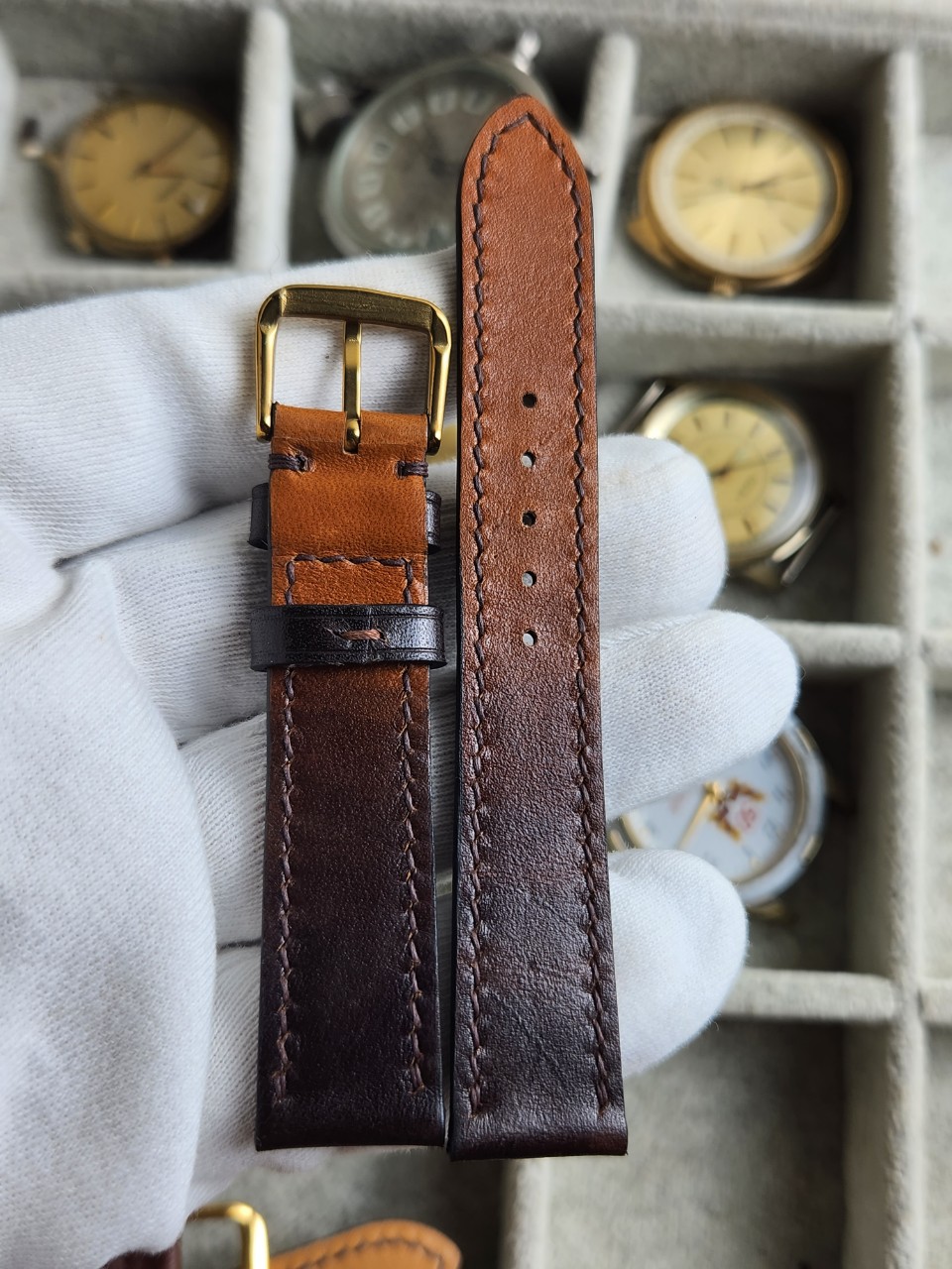 Dây đồng hồ da bò khâu tay size 18 DAY125