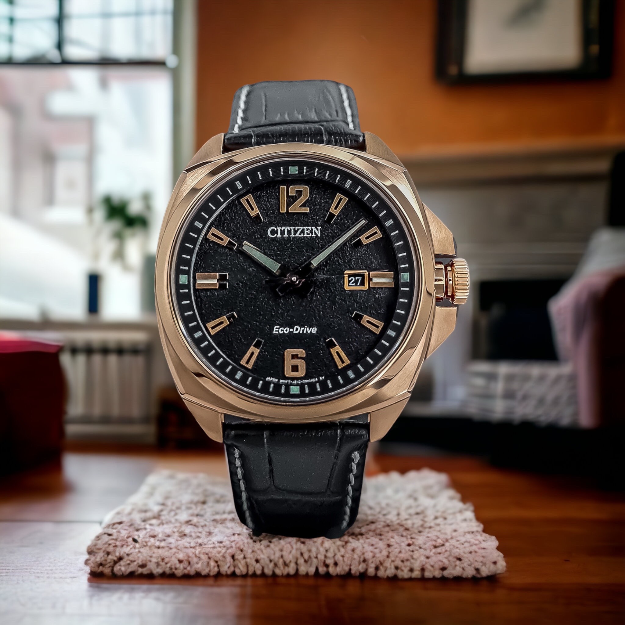Đồng Hồ Nam Citizen Pin Eco-Drive AW1723-02E Dây Da Vỏ Vàng Hồng Mặt Đen Sapphire
