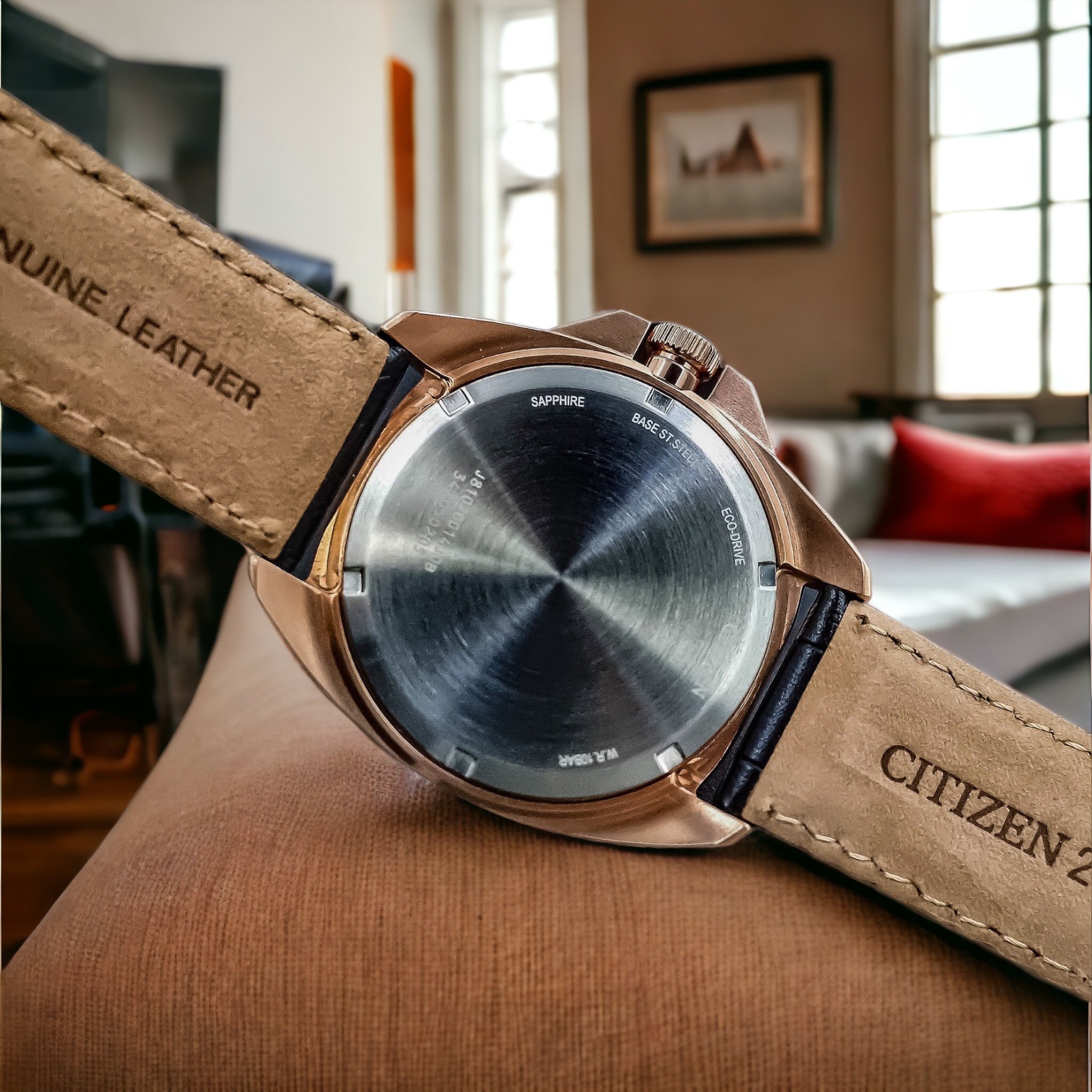 Đồng Hồ Nam Citizen Pin Eco-Drive AW1723-02E Dây Da Vỏ Vàng Hồng Mặt Đen Sapphire