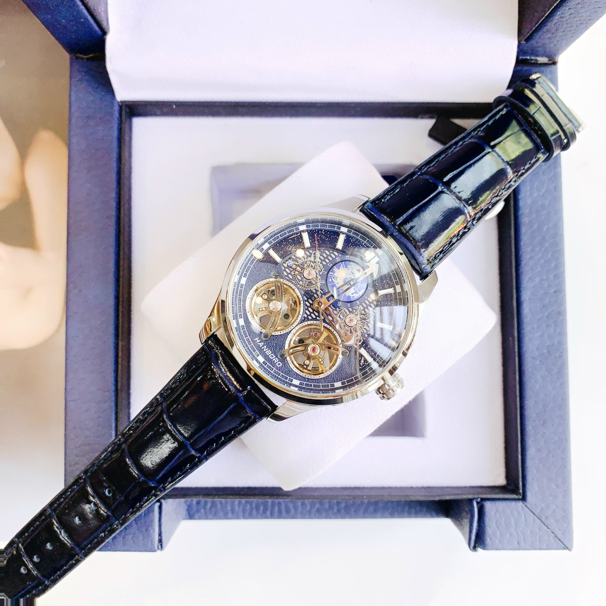 Đồng Hồ Hanboro By Huboler mẫu mới 2023 cập bến - Máy lộ cơ Skeleton độc đáo, mặt xanh thăm thẳm, sang trọng, đổi mới