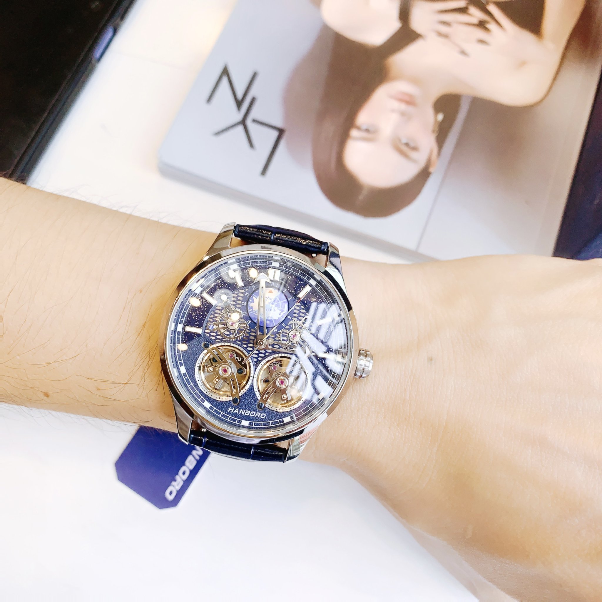 Đồng Hồ Hanboro By Huboler mẫu mới 2023 cập bến - Máy lộ cơ Skeleton độc đáo, mặt xanh thăm thẳm, sang trọng, đổi mới