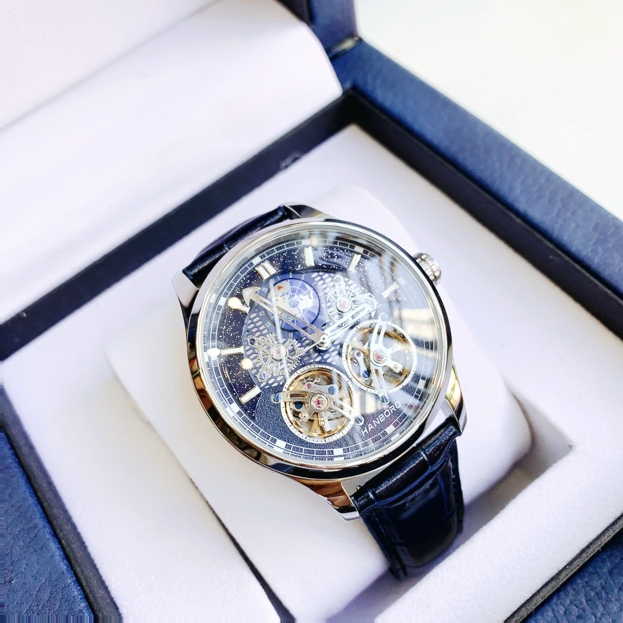 Đồng Hồ Hanboro By Huboler mẫu mới 2023 cập bến - Máy lộ cơ Skeleton độc đáo, mặt xanh thăm thẳm, sang trọng, đổi mới