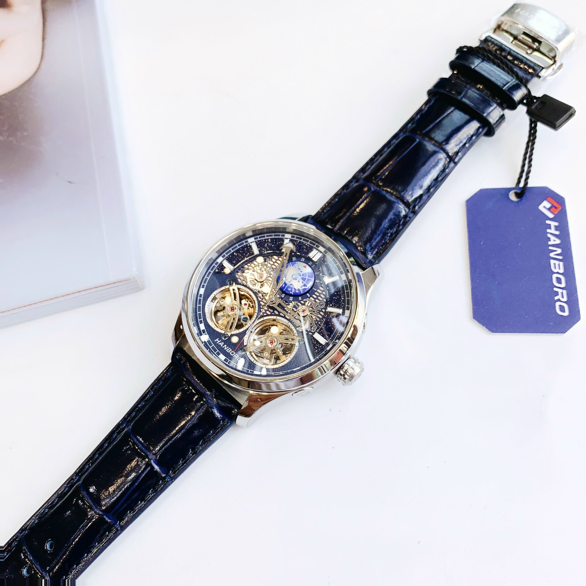 Đồng Hồ Hanboro By Huboler mẫu mới 2023 cập bến - Máy lộ cơ Skeleton độc đáo, mặt xanh thăm thẳm, sang trọng, đổi mới