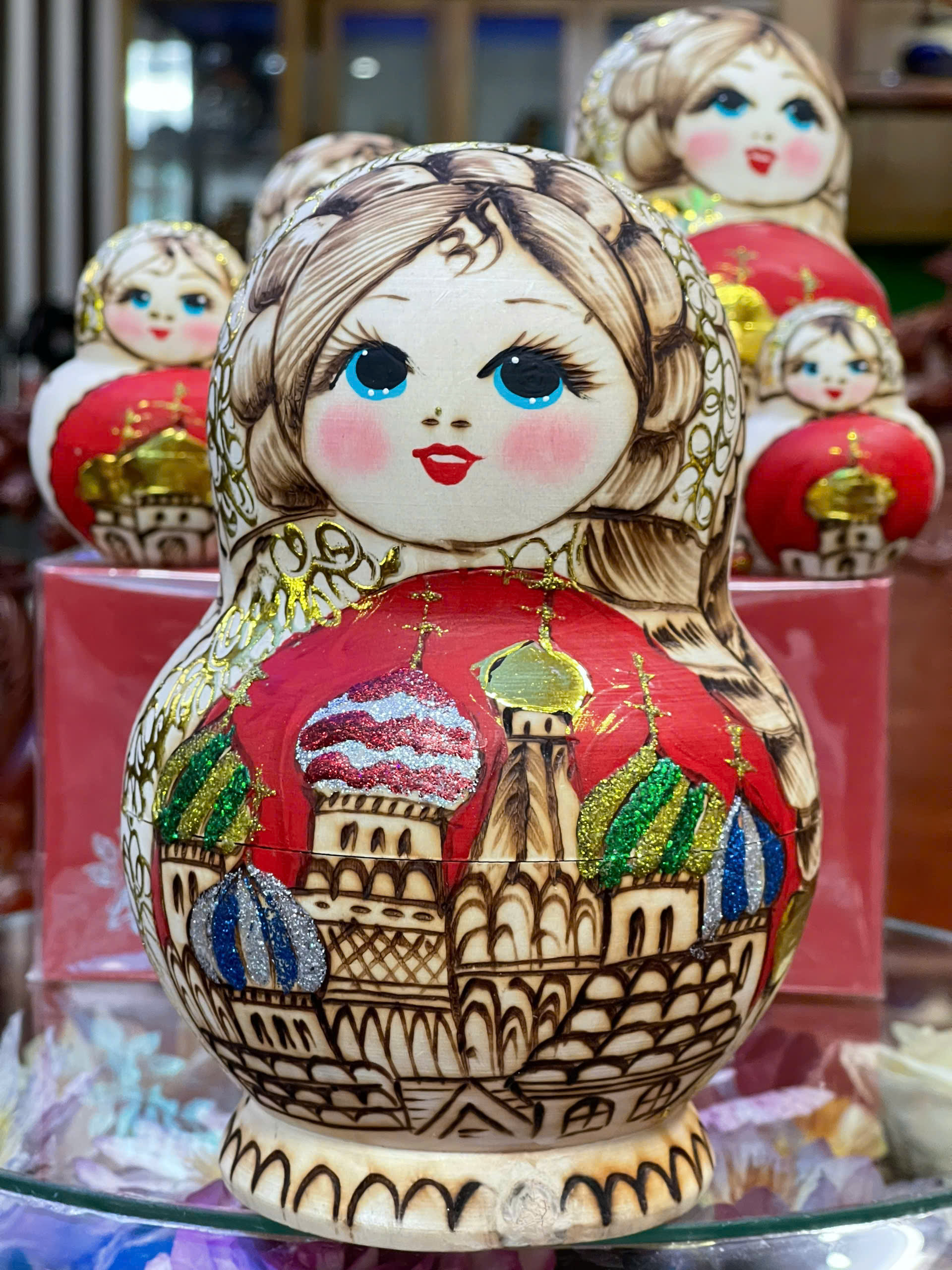 Búp bê Nga Matryoshka gỗ, vẽ thủ công 10 con màu đỏ, hình nhà thờ quảng trường đỏ, Loại cao cấp cao 17cm BB040