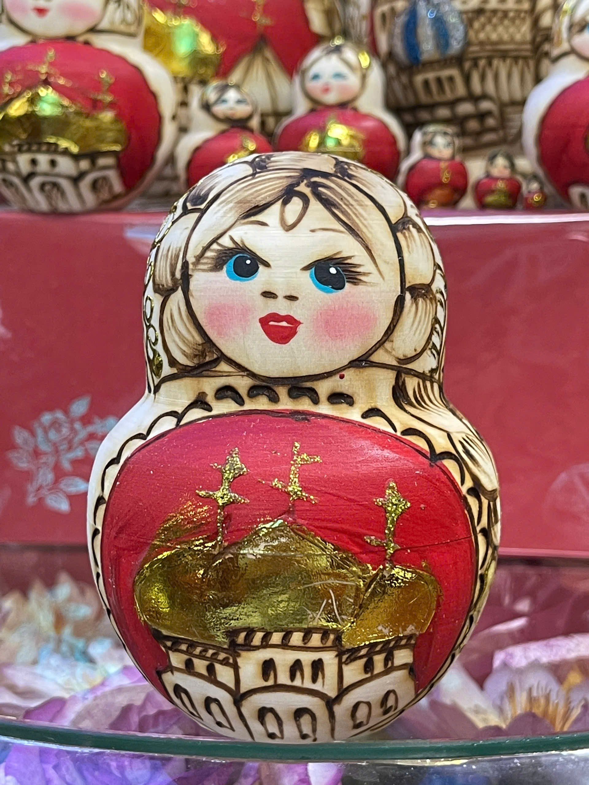 Búp bê Nga Matryoshka gỗ, vẽ thủ công 10 con màu đỏ, hình nhà thờ quảng trường đỏ, Loại cao cấp cao 17cm BB040