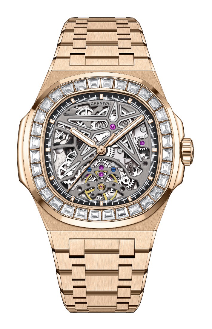 Đồng Hồ Carnival 8118G phiên bản Skeleton đính đá dây thép mạ vàng, vỏ vàng