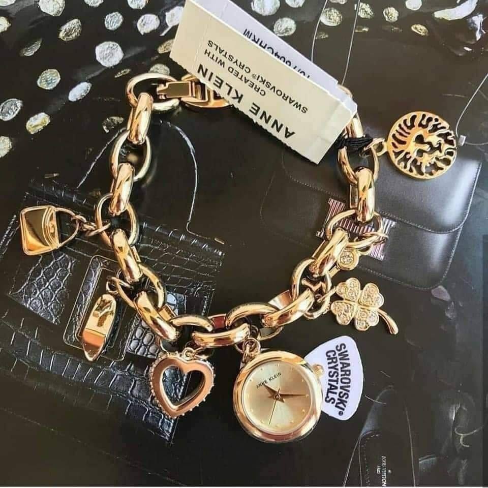 Đồng Hồ Dạng Lắc Anne Klein Women's 10-7604CHRM Swarovski Crystal Gold-Tone Charm Bracelet Watch