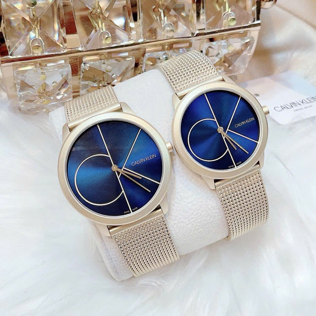 Đồng Hồ Cặp Đôi Calvin Klein K3M5255N & K3M5155N – Minimal Dây Mesh Gold, Mặt Xanh Blue, Phong Cách Tối Giản Hiện Đại