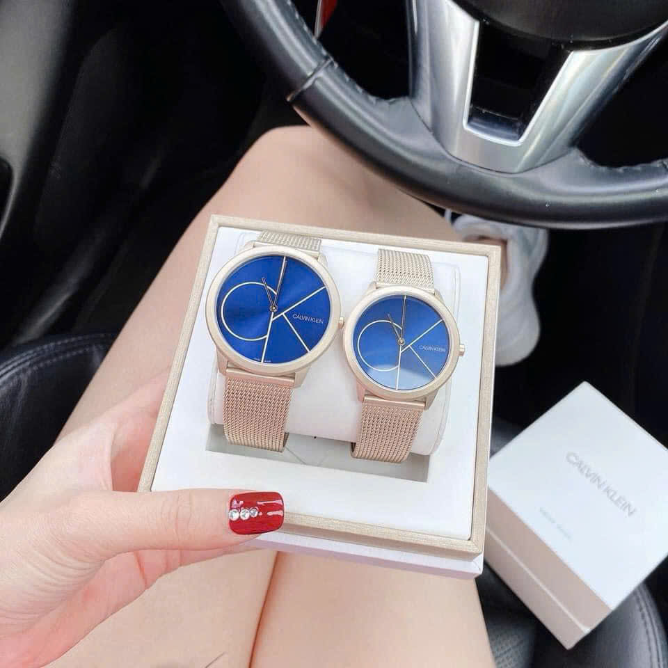 Đồng Hồ Cặp Đôi Calvin Klein K3M5255N & K3M5155N – Minimal Dây Mesh Gold, Mặt Xanh Blue, Phong Cách Tối Giản Hiện Đại