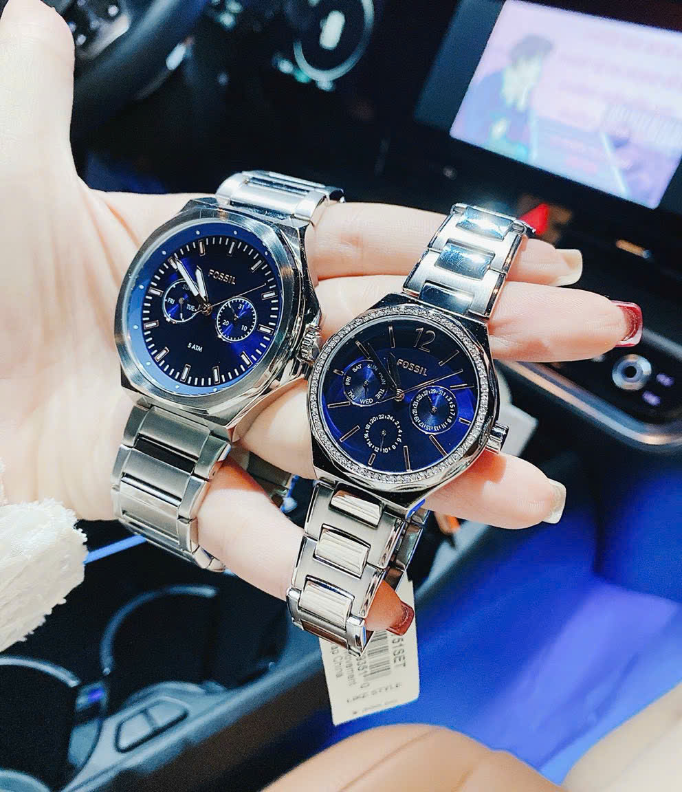 Đồng Hồ Cặp Đôi Fossil BQ2751 – Tone Silver Mặt Xanh, Thiết Kế Sang Trọng Cho Cặp Đôi