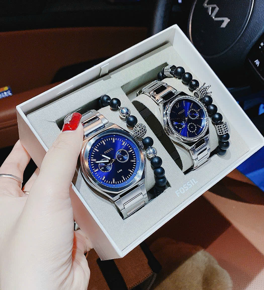 Đồng Hồ Cặp Đôi Fossil BQ2751 – Tone Silver Mặt Xanh, Thiết Kế Sang Trọng Cho Cặp Đôi