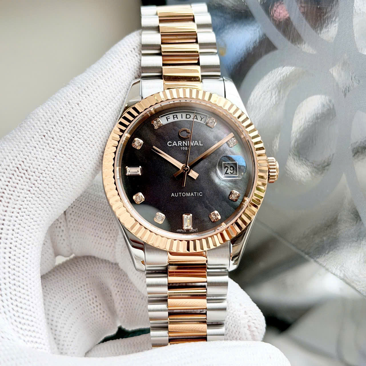 Đồng Hồ Nam Carnival Automatic 8239G-CH-D – Tiểu Rolex Style Day-Date, Mặt Xám Khảm Trai Sang Trọng