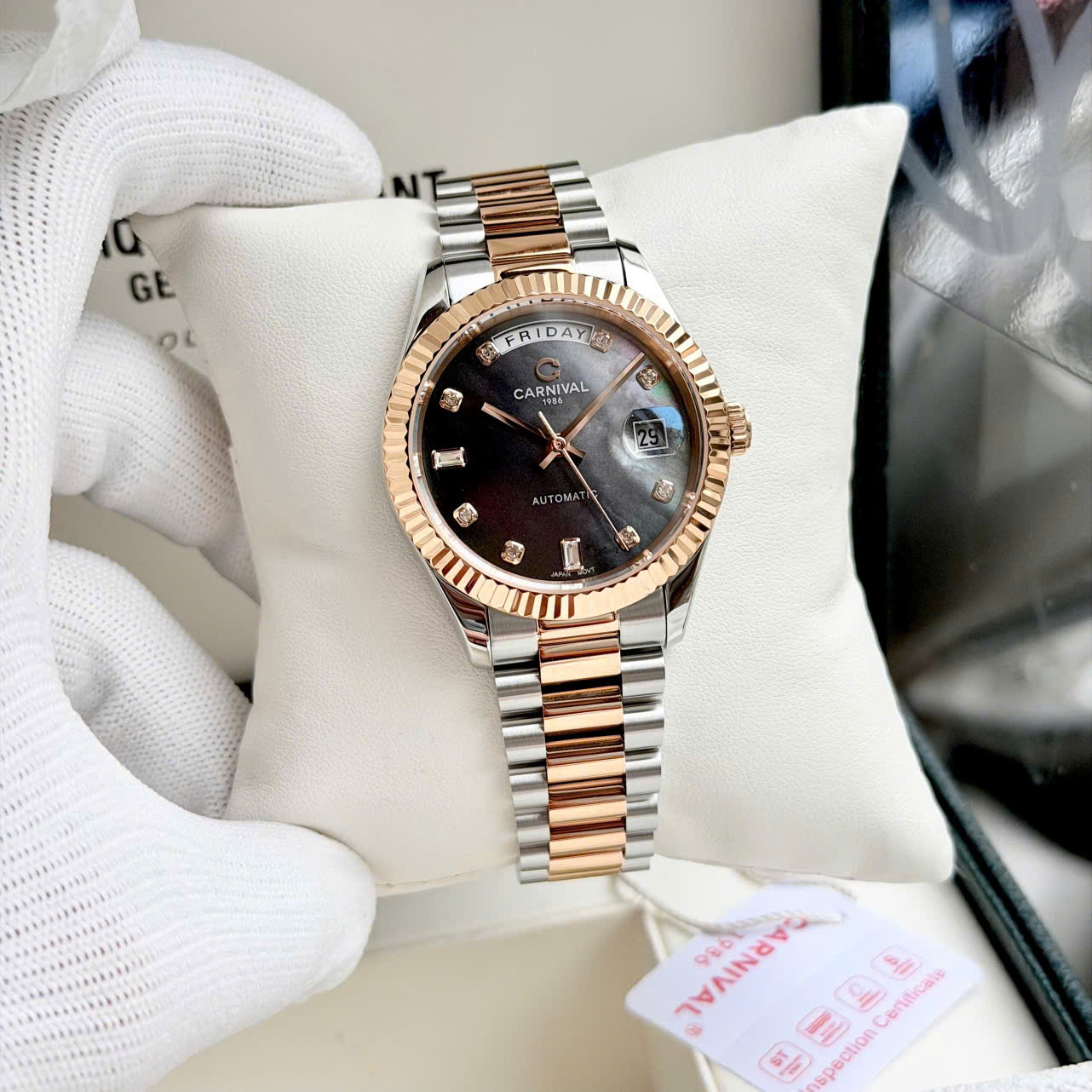 Đồng Hồ Nam Carnival Automatic 8239G-CH-D – Tiểu Rolex Style Day-Date, Mặt Xám Khảm Trai Sang Trọng