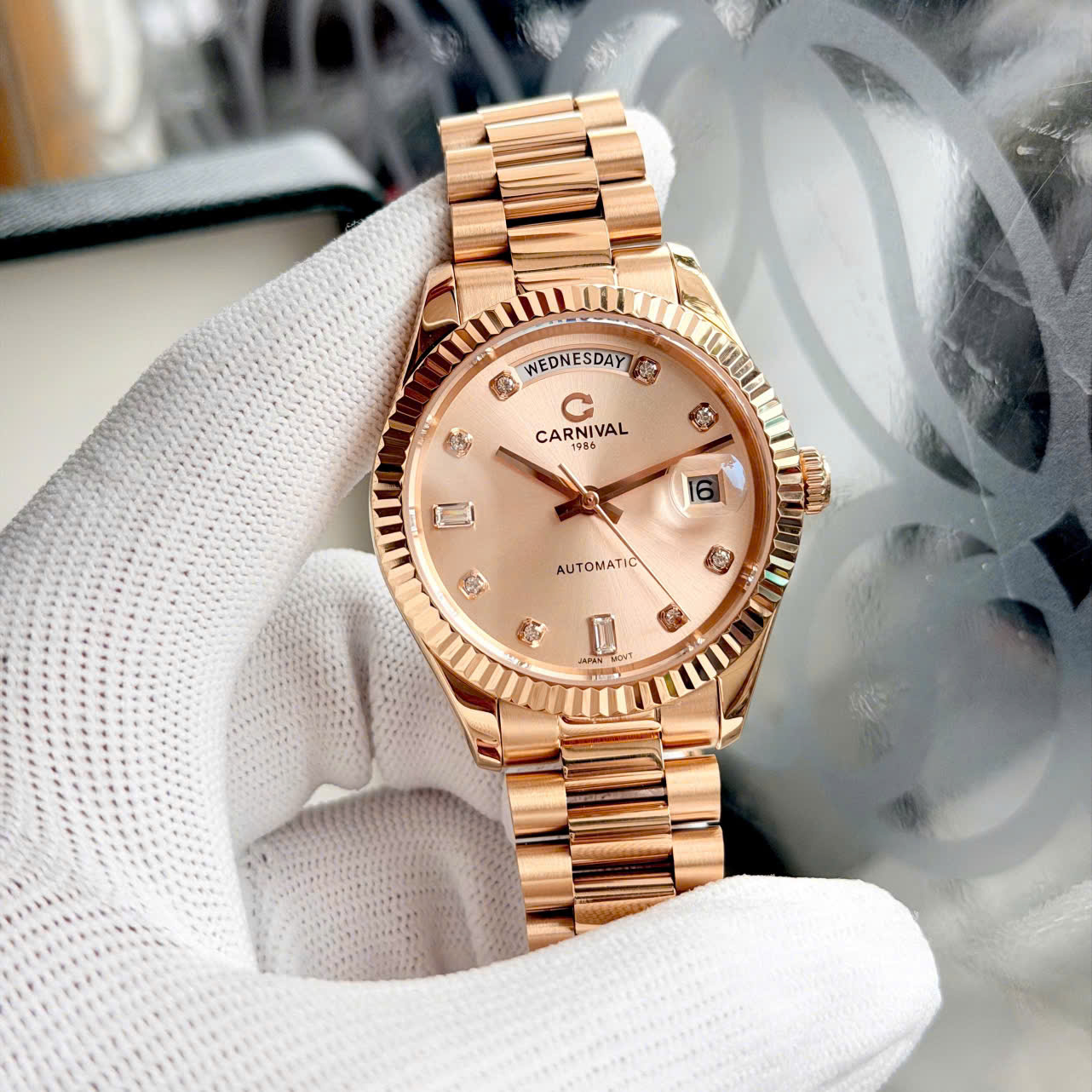 Đồng Hồ Nam Carnival Automatic 8239G-VV-V – Mặt Hồng Sang Trọng, Vỏ Dây Mạ Vàng, Size 38mm