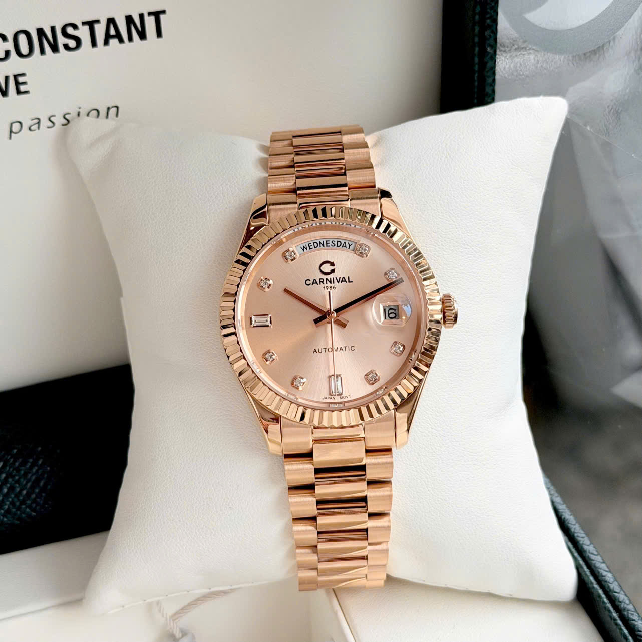 Đồng Hồ Nam Carnival Automatic 8239G-VV-V – Mặt Hồng Sang Trọng, Vỏ Dây Mạ Vàng, Size 38mm
