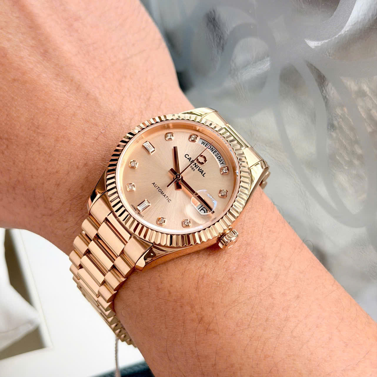 Đồng Hồ Nam Carnival Automatic 8239G-VV-V – Mặt Hồng Sang Trọng, Vỏ Dây Mạ Vàng, Size 38mm