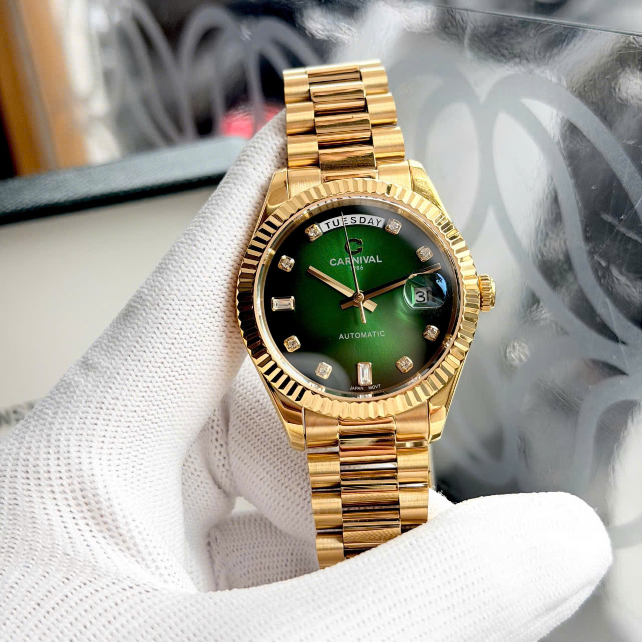 Đồng Hồ Nam Carnival 8239G-VV-XL – Rolex Style, Mặt Xanh, Dây Mạ Vàng, Automatic Japan
