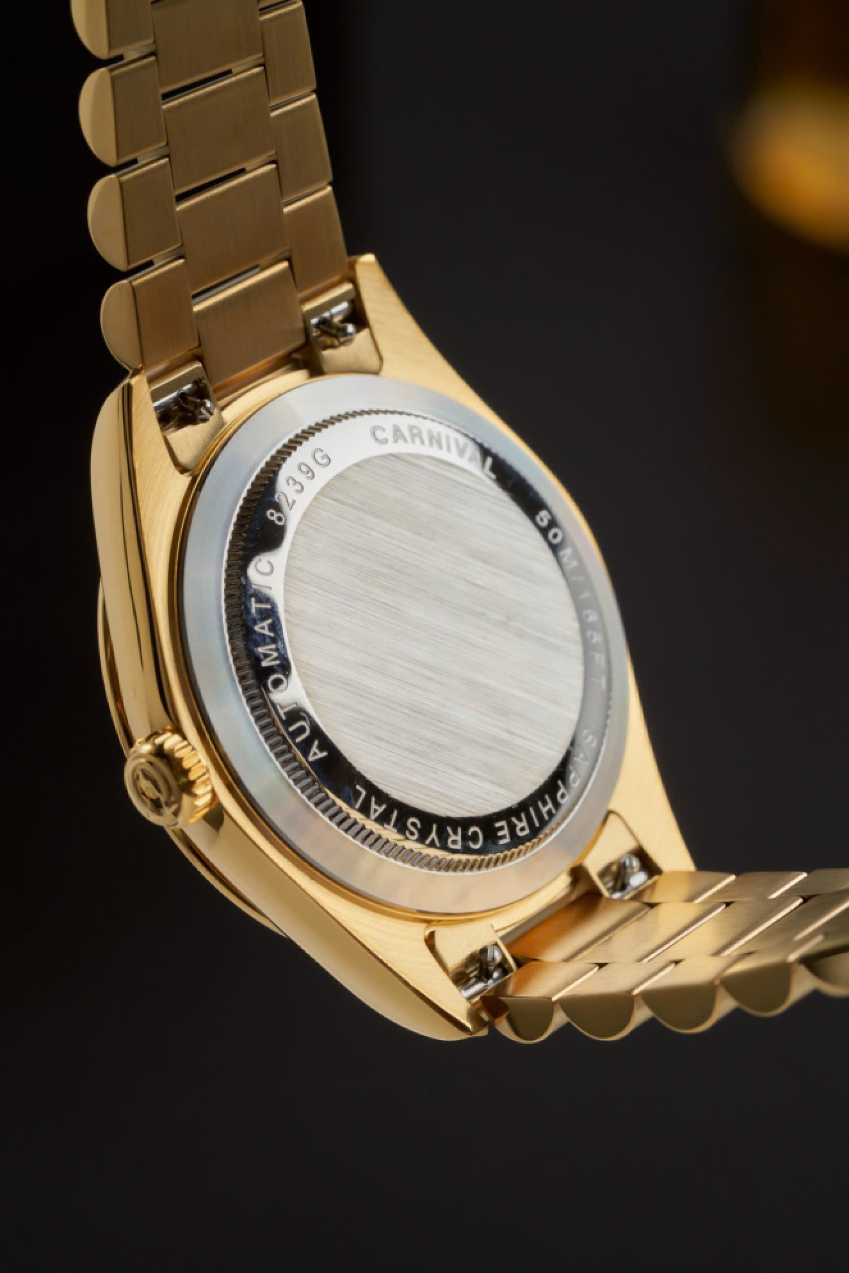 Đồng Hồ Carnival Automatic tiểu rolex style Day Date 8239G-VV-TK 38mm Mặt Khảm Trai – Dây President, Automatic Japan, Sapphire, Thép 316L