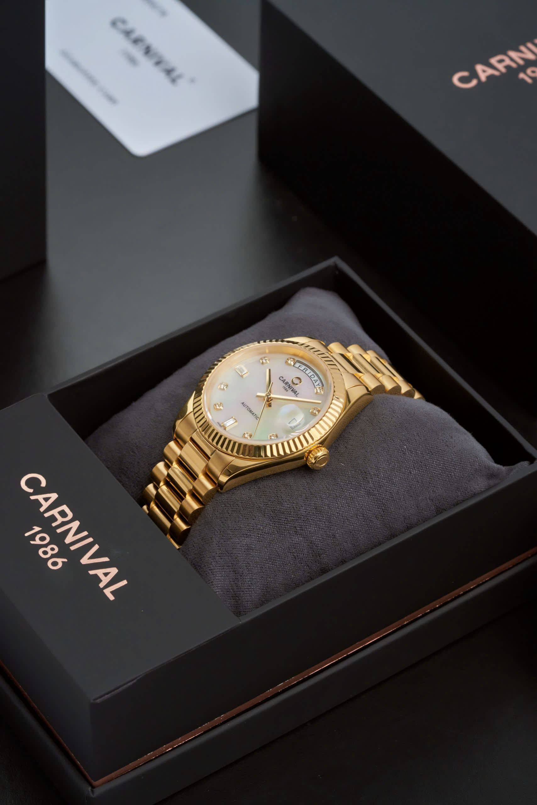 Đồng Hồ Carnival Automatic tiểu rolex style Day Date 8239G-VV-TK 38mm Mặt Khảm Trai – Dây President, Automatic Japan, Sapphire, Thép 316L
