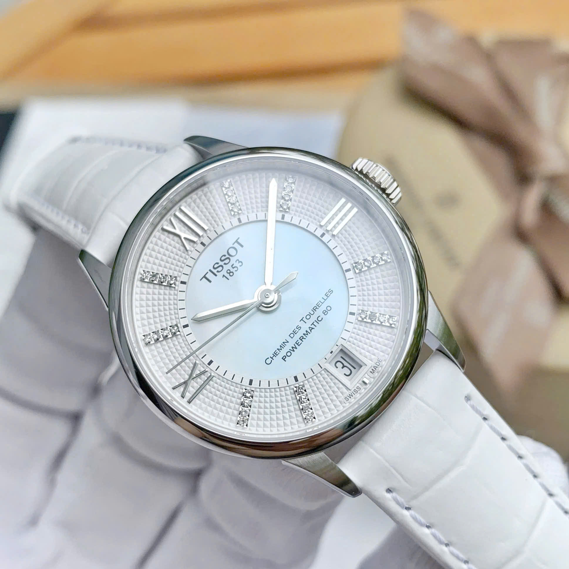 Đồng Hồ Nữ Tissot Chemin des Tourelles T099.207.16.116.00 – Mặt Xà Cừ 28 Kim Cương, Powermatic 80 2 dây