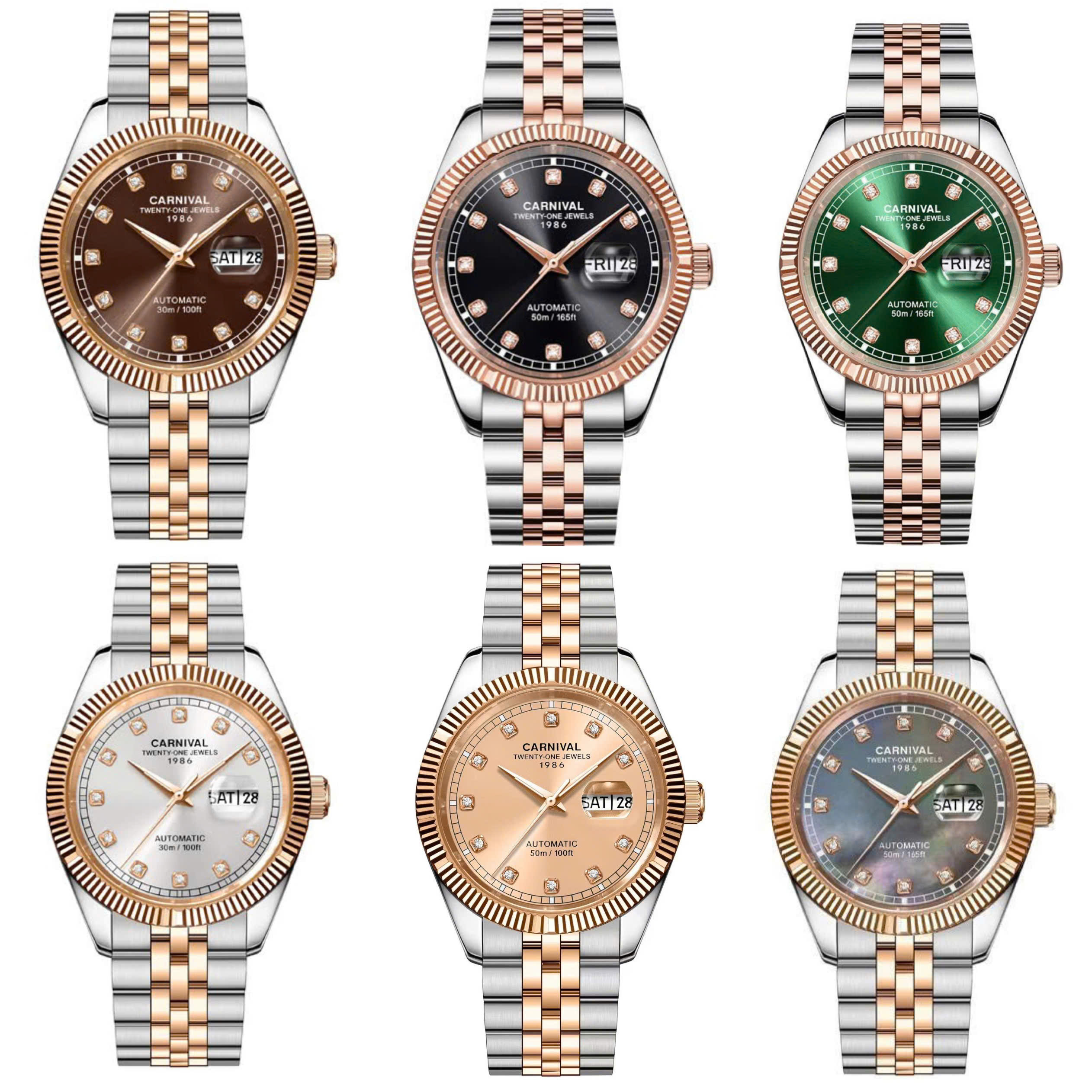 15+ Mẫu Đồng Hồ Carnival 8131G 40mm Automatic Japan – Bezel Khía, Đính Đá Swarovski, Đa Dạng Màu Sắc