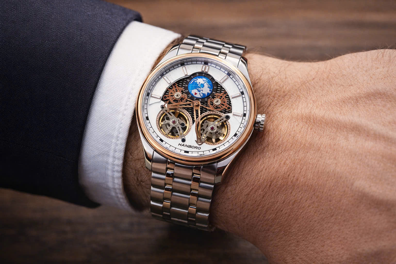 Đồng Hồ Hanboro Automatic 2026 Mặt Địa Cầu 3D Size 44mm Demi Gold – Siêu Phẩm Thiết Kế Sang Trọng Đậm Chất Luxury