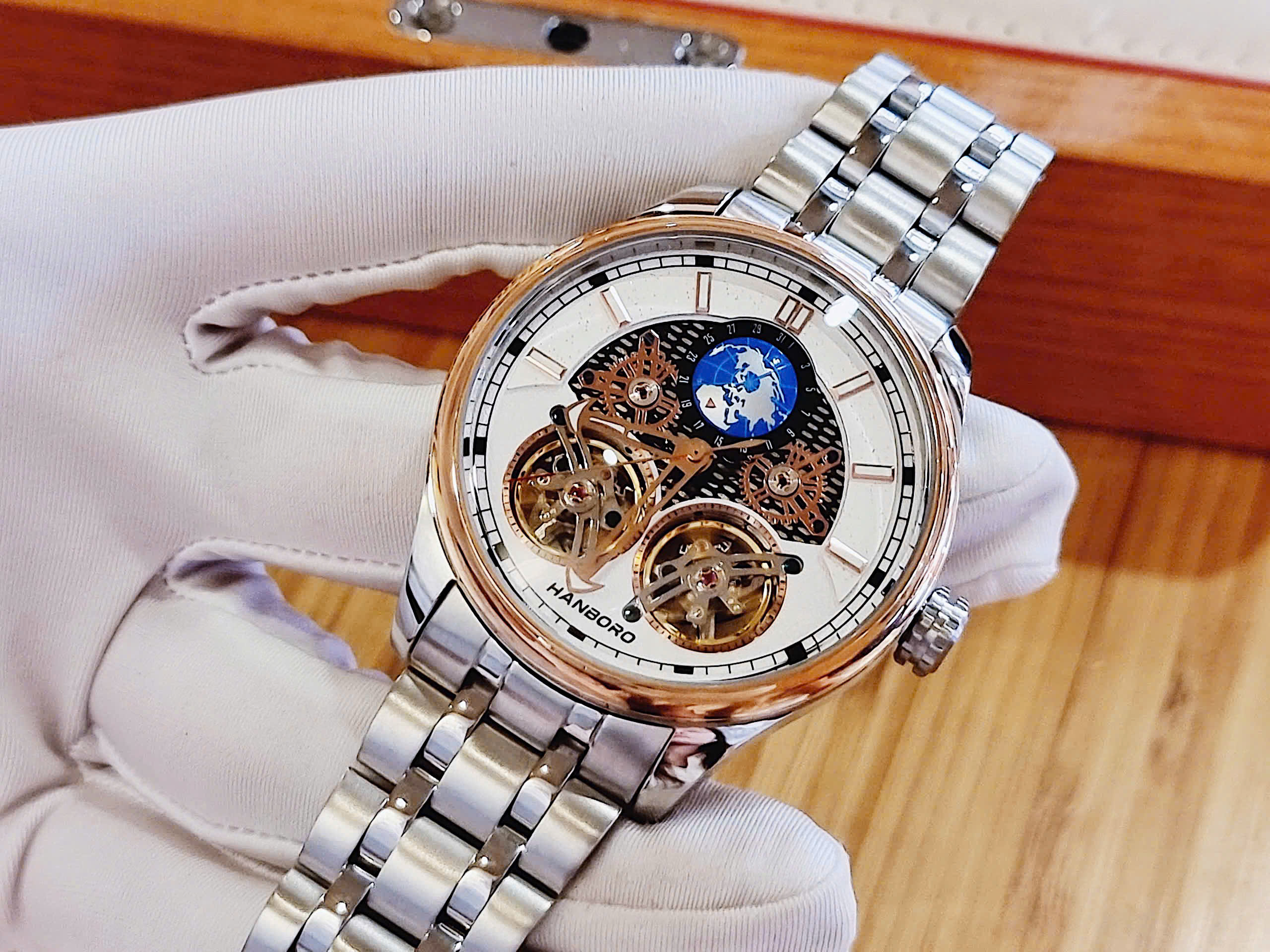 Đồng Hồ Hanboro Automatic 2026 Mặt Địa Cầu 3D Size 44mm Demi Gold – Siêu Phẩm Thiết Kế Sang Trọng Đậm Chất Luxury