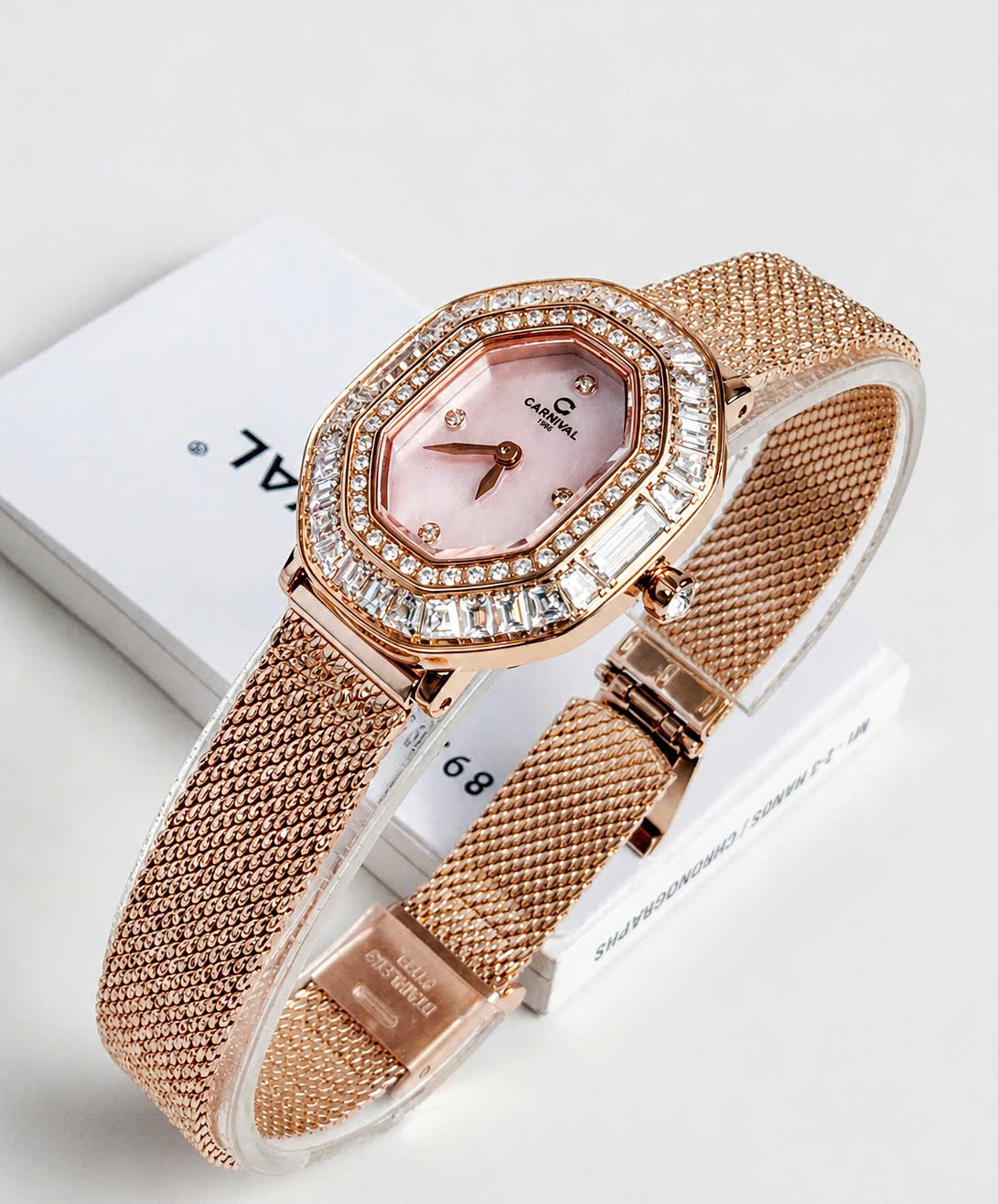 Đồng Hồ Nữ Carnival 8237L-VH-HK – Mặt Hồng Khảm Sang Trọng, Máy Quartz Thụy Sĩ, Dây Mesh Cao Cấp