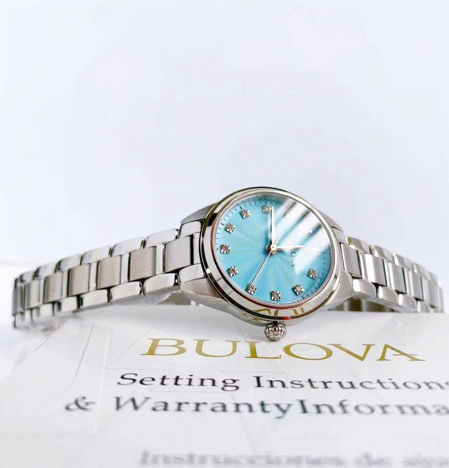 Đồng Hồ Bulova 96P250 Nữ Size 28mm Mặt Xanh Kim Cương