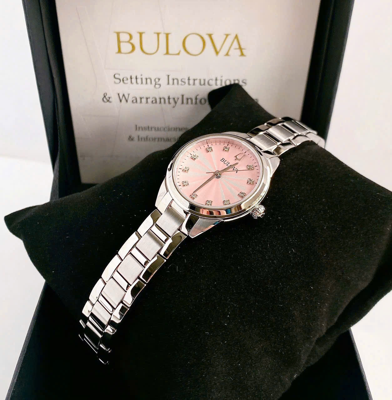 Đồng Hồ Bulova 96P249 Nữ Size 28mm Mặt Xanh Hồng Kim Cương