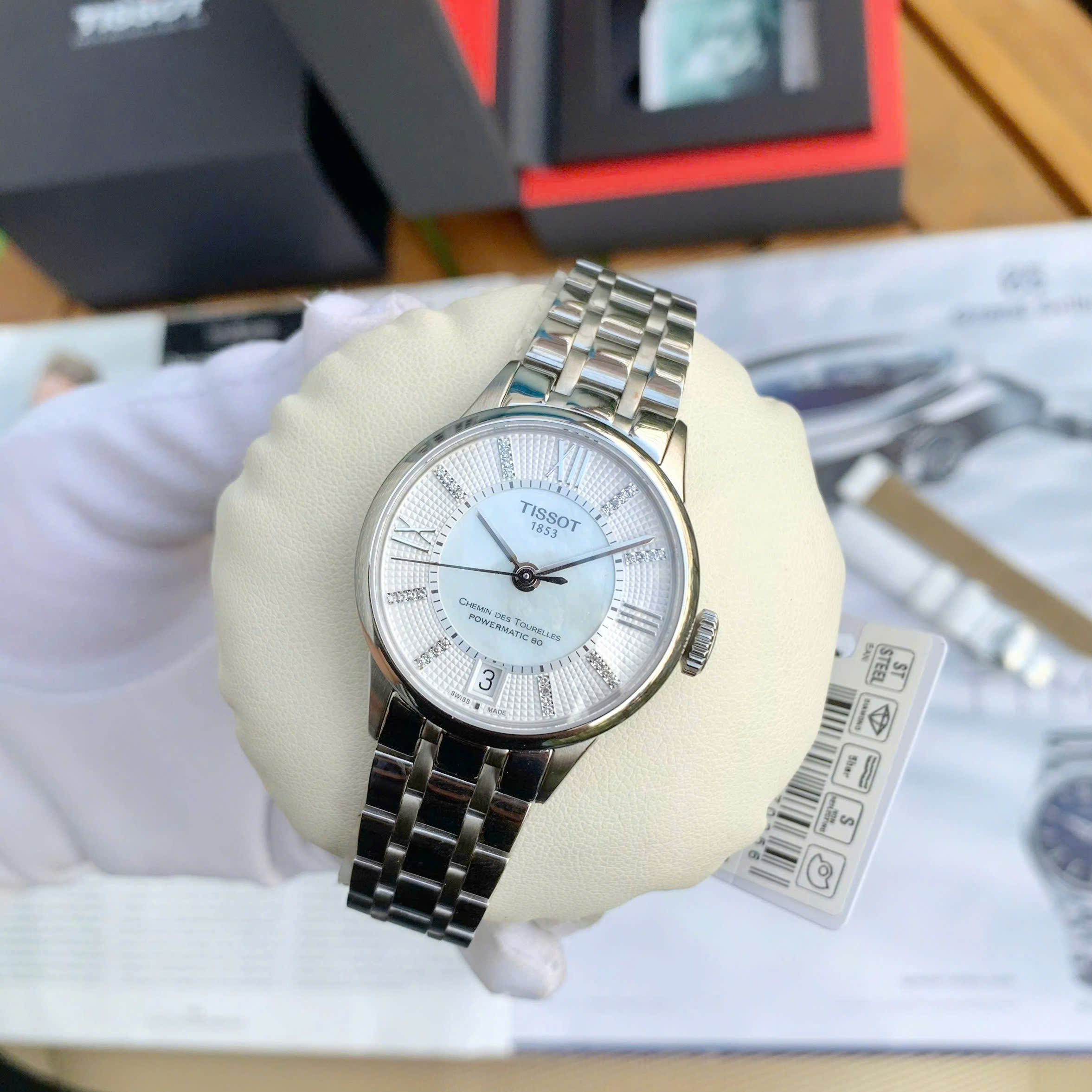 Đồng Hồ Nữ Tissot Chemin des Tourelles T099.207.16.116.00 – Mặt Xà Cừ 28 Kim Cương, Powermatic 80 2 dây