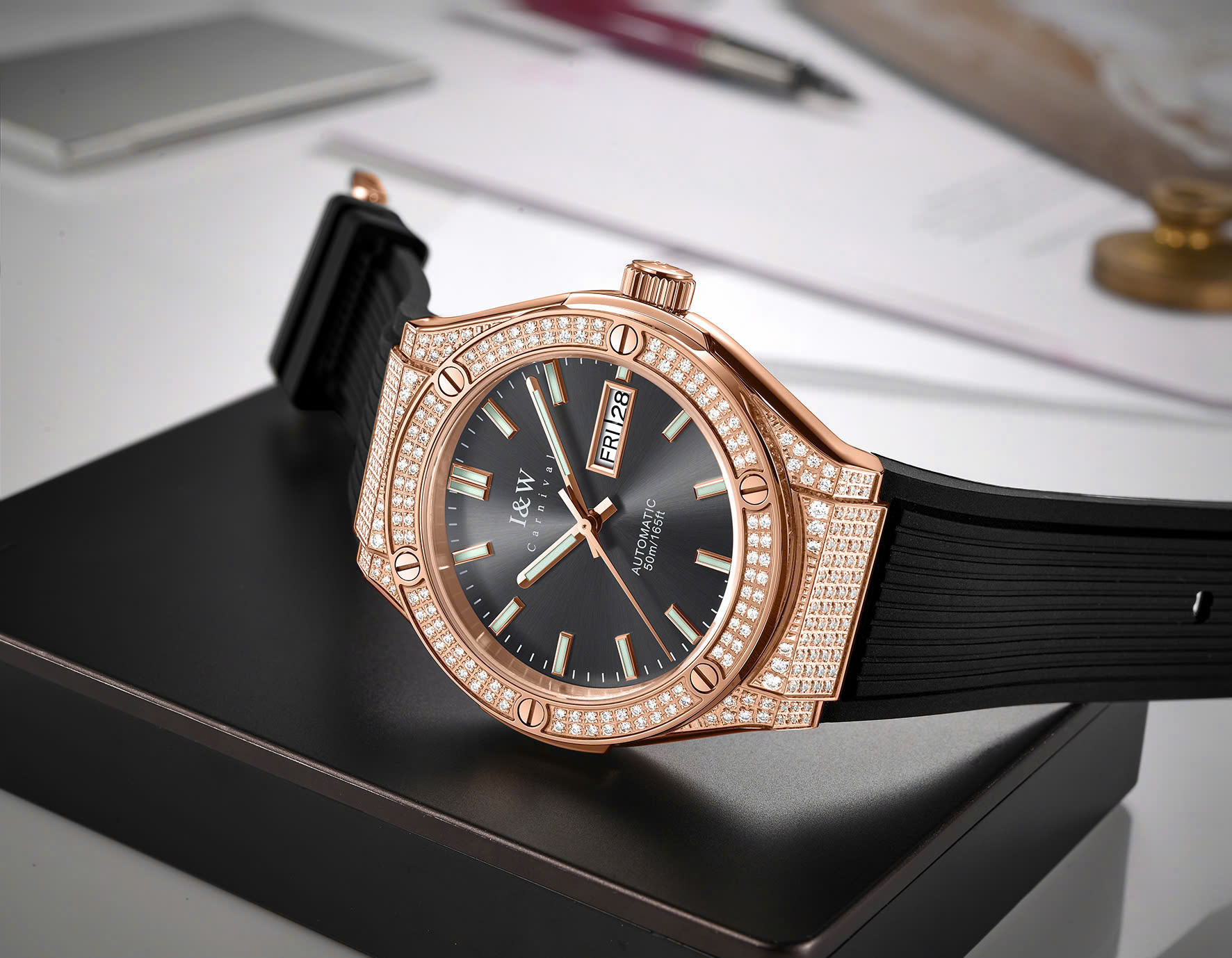 Đồng Hồ I&W Carnival 55851G3 Automatic – Sapphire, PVD Rose Gold, Full Đá Sang Trọng