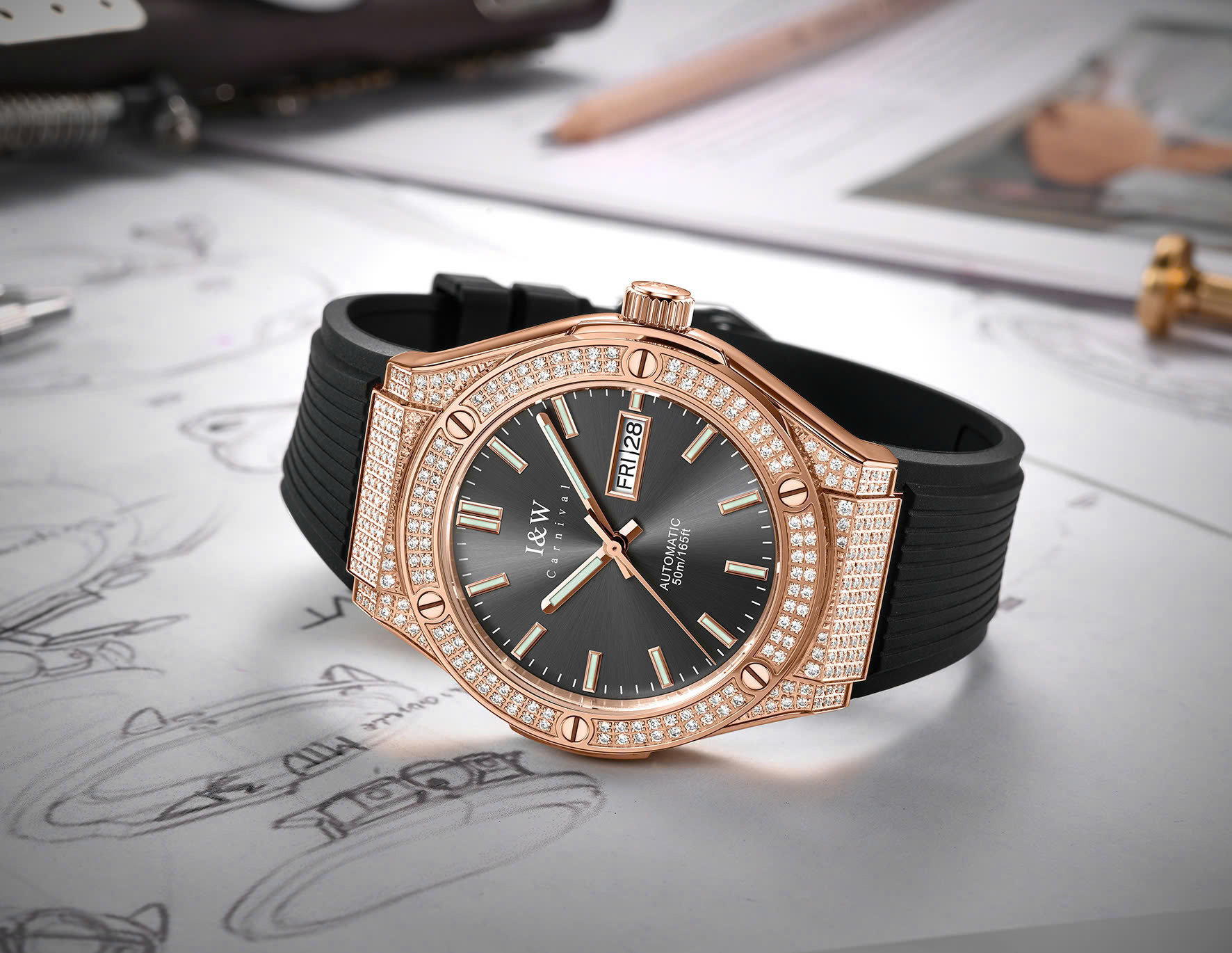Đồng Hồ I&W Carnival 55851G3 Automatic – Sapphire, PVD Rose Gold, Full Đá Sang Trọng