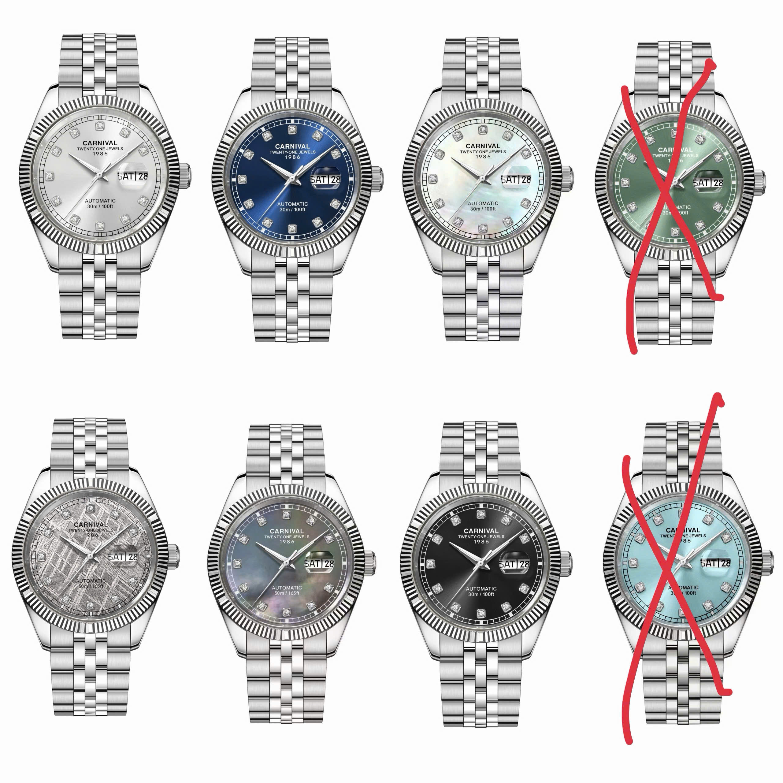 15+ Mẫu Đồng Hồ Carnival 8131G 40mm Automatic Japan – Bezel Khía, Đính Đá Swarovski, Đa Dạng Màu Sắc