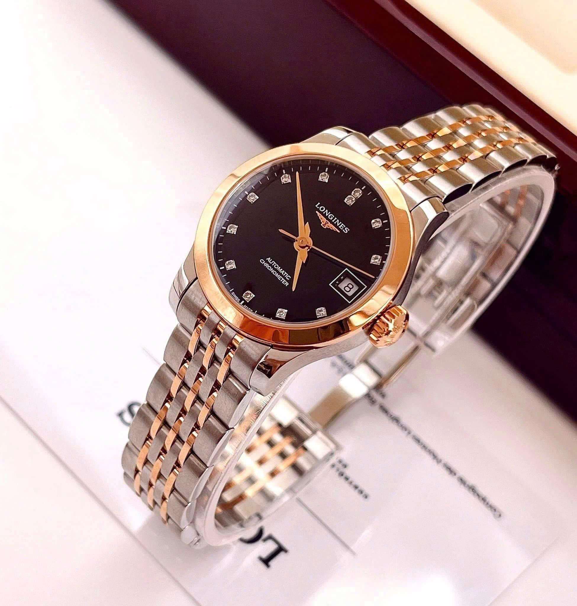 Đồng hồ Longines L2.320.5.57.7 DemiRose – Kim cương tự nhiên, vàng 18K cap 200, chuẩn Chronometer cho quý cô đẳng cấp