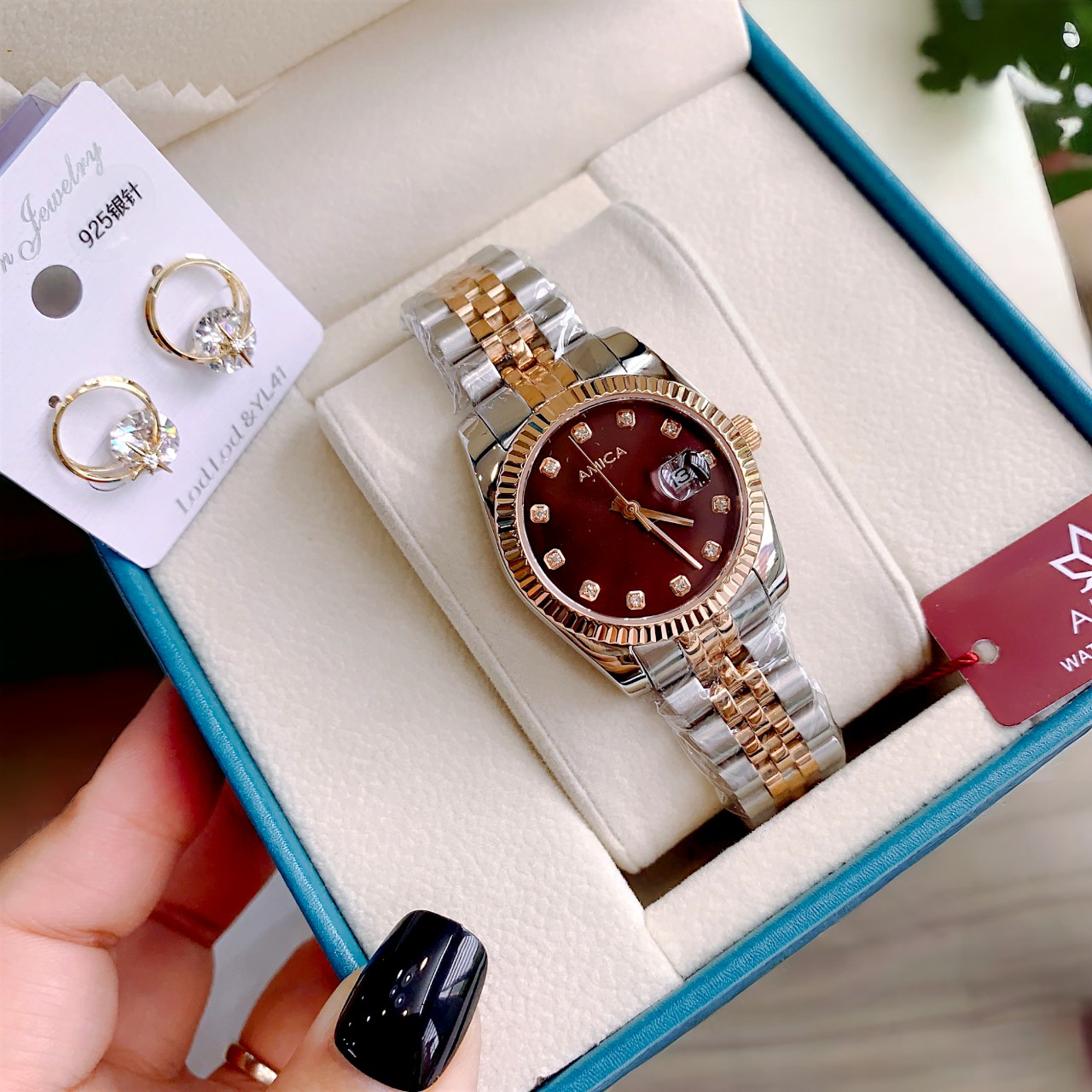 Đồng Hồ AMICA for woman Thiết kế kinh điển Rolex, Quai kim loại demi Kính sapphire mặt bả trầu