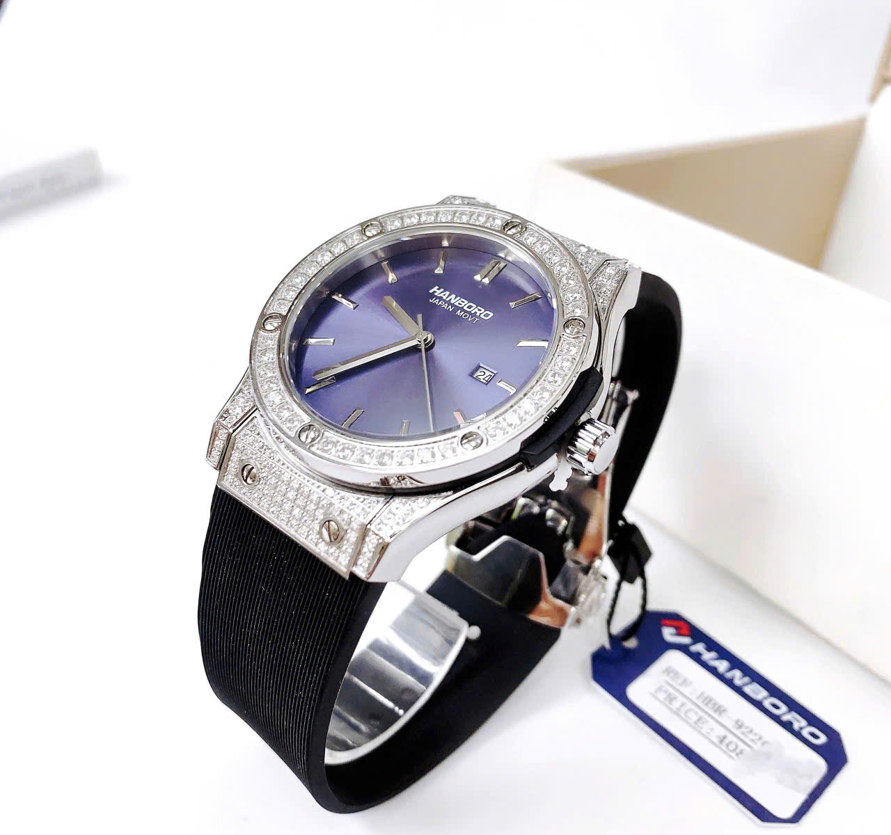 Đồng Hồ Hanboro 2025 Mặt Navy Đính Đá – Siêu Phẩm Sang Trọng Lấy Cảm Hứng Từ Hublot