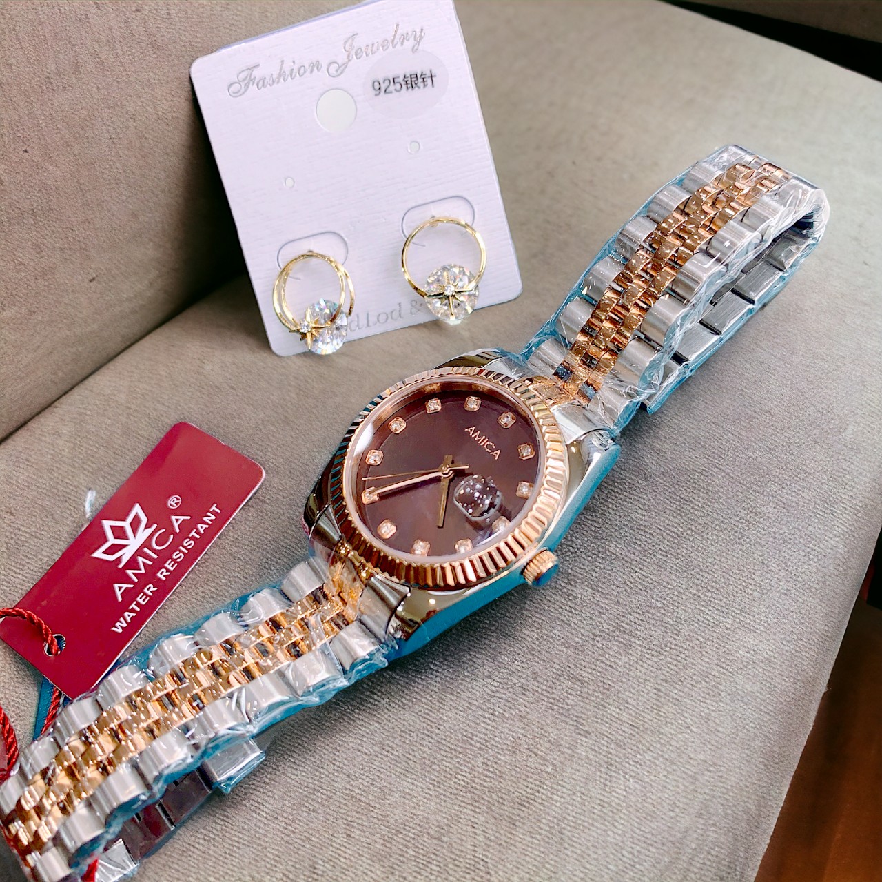 Đồng Hồ AMICA for woman Thiết kế kinh điển Rolex, Quai kim loại demi Kính sapphire mặt bả trầu