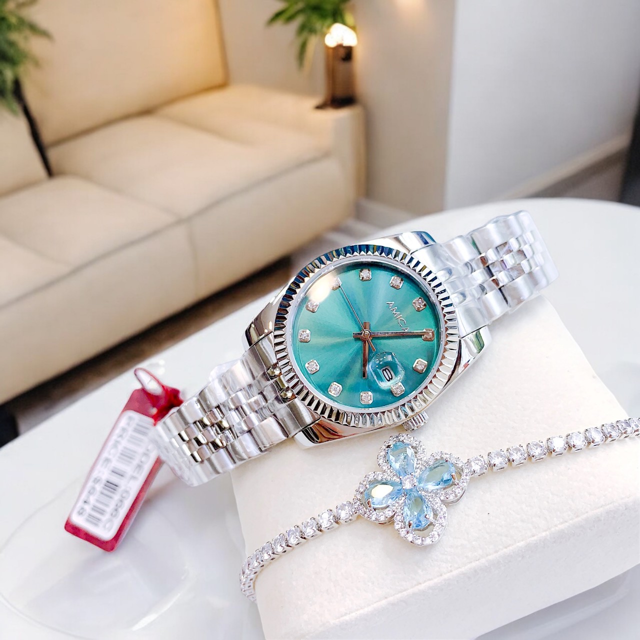 Đồng Hồ AMICA for woman Thiết kế kinh điển Rolex, Quai kim loại demi Kính sapphire mặt xanh nhạt