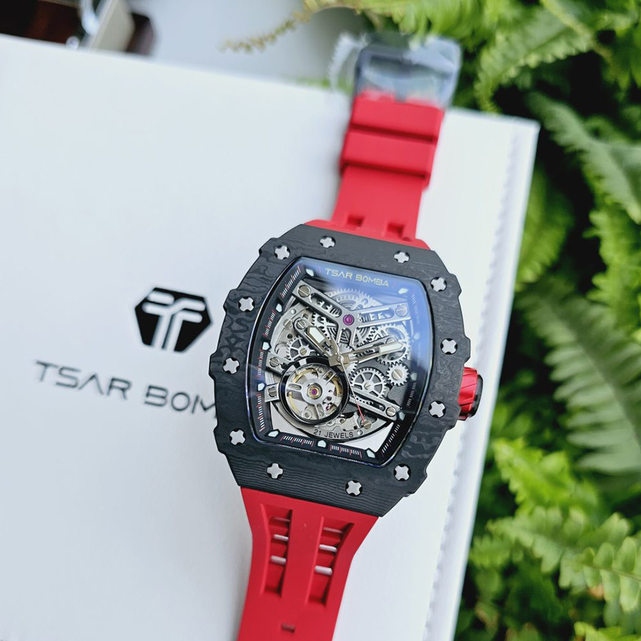 Đồng Hồ Nam Tsar Bomba Carbon Fiber Waterproof TB8208CF-BR Màu Đen Đỏ