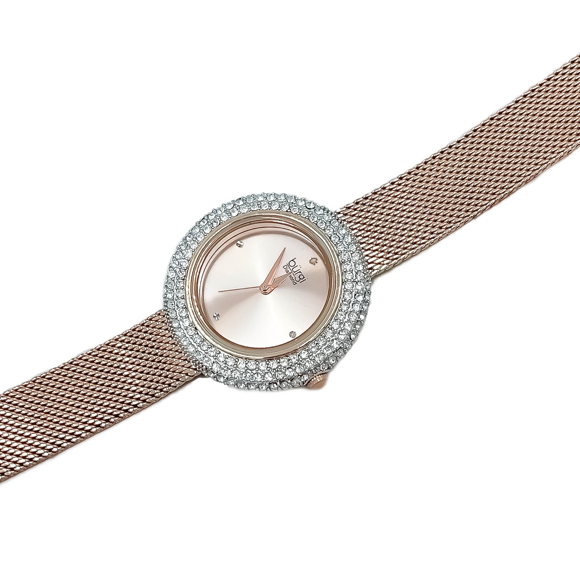 Đồng Hồ Nữ Burg BUR220 Swarovski Diamond Dial Stainless Steel Mesh Bracelet Màu Vàng Hồng