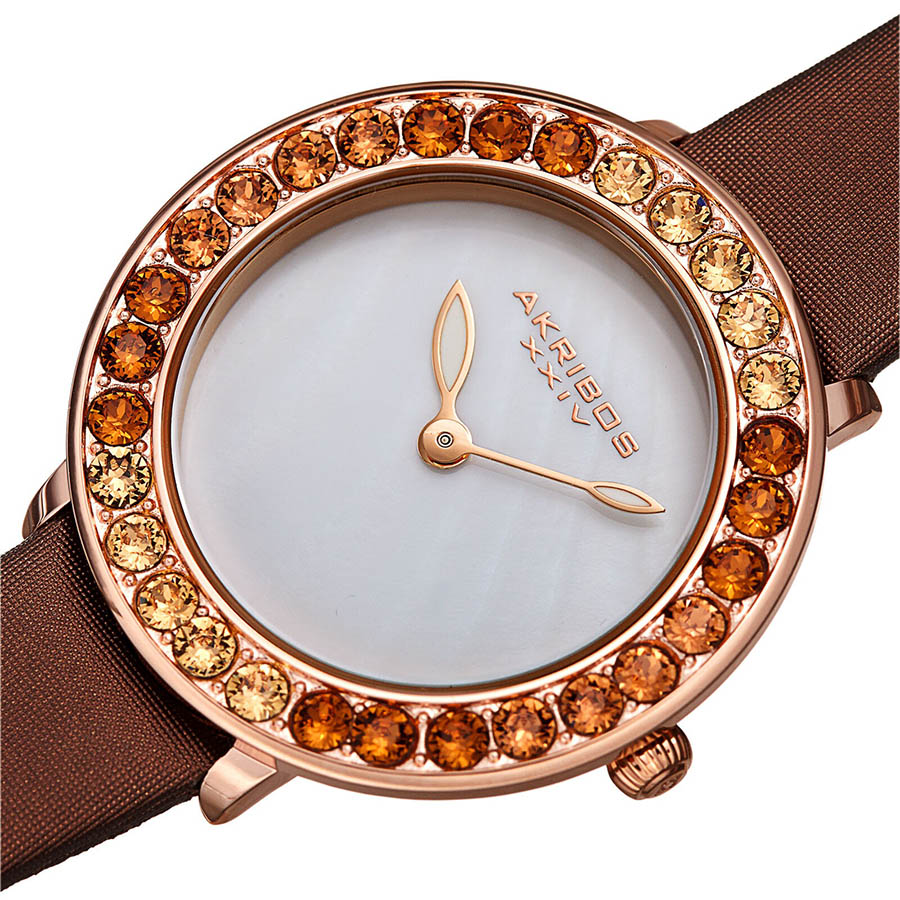 Đồng Hồ Nữ Akribos XXIV Women's AK1093 Quartz Swarovski Mother-Of-Pearl Satin Strap Watch Màu Nâu