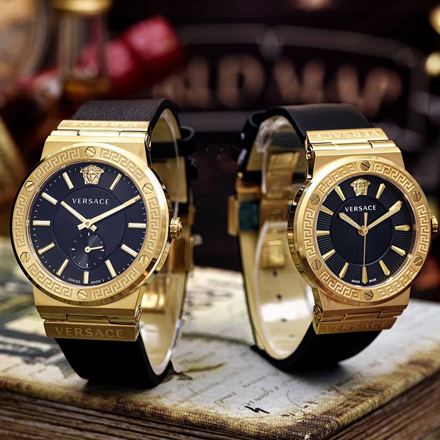 Set Đồng Hồ Unisex Versace Greca Logo Màu Vàng Gold
