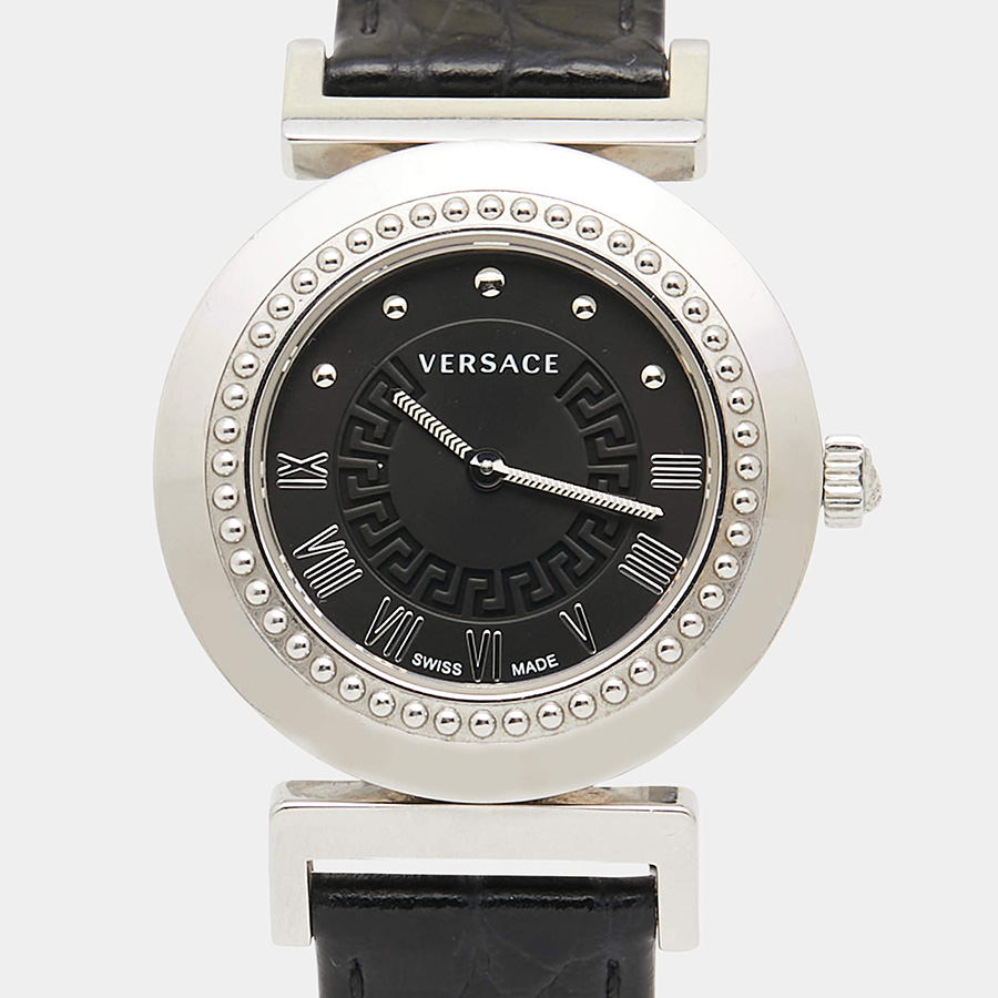 Đồng Hồ Nữ Versace Black Stainless Steel Leather Vanity P5Q Women's Wristwatch 35mm Màu Đen