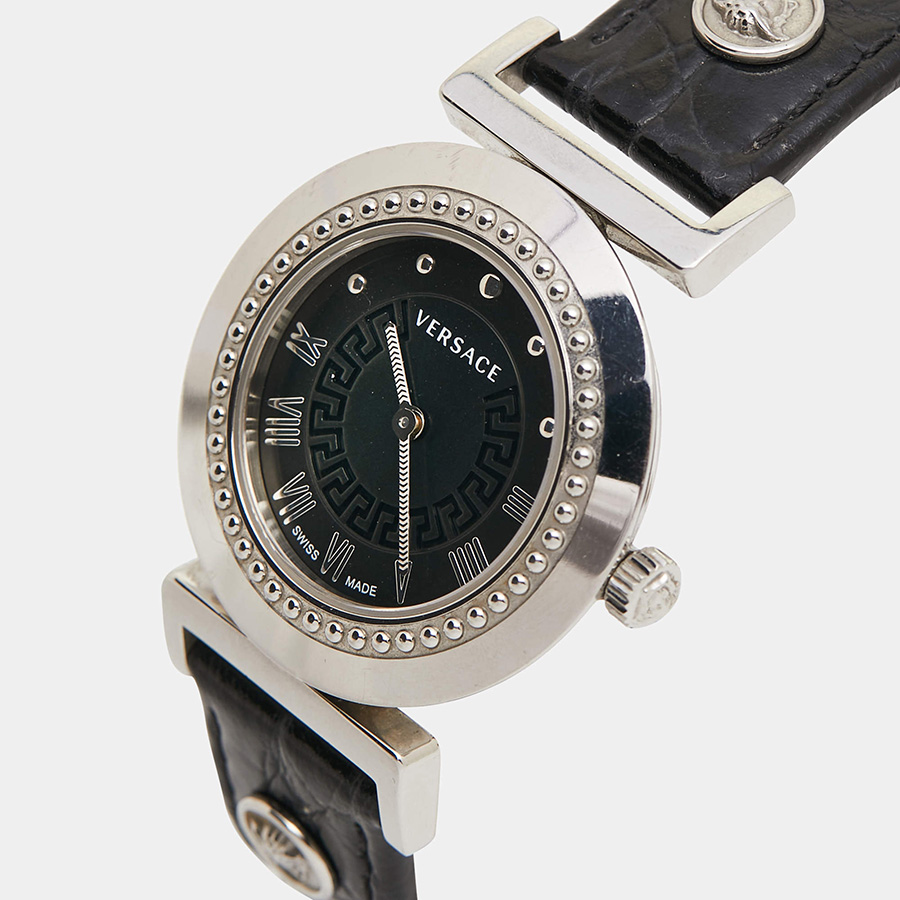 Đồng Hồ Nữ Versace Black Stainless Steel Leather Vanity P5Q Women's Wristwatch 35mm Màu Đen