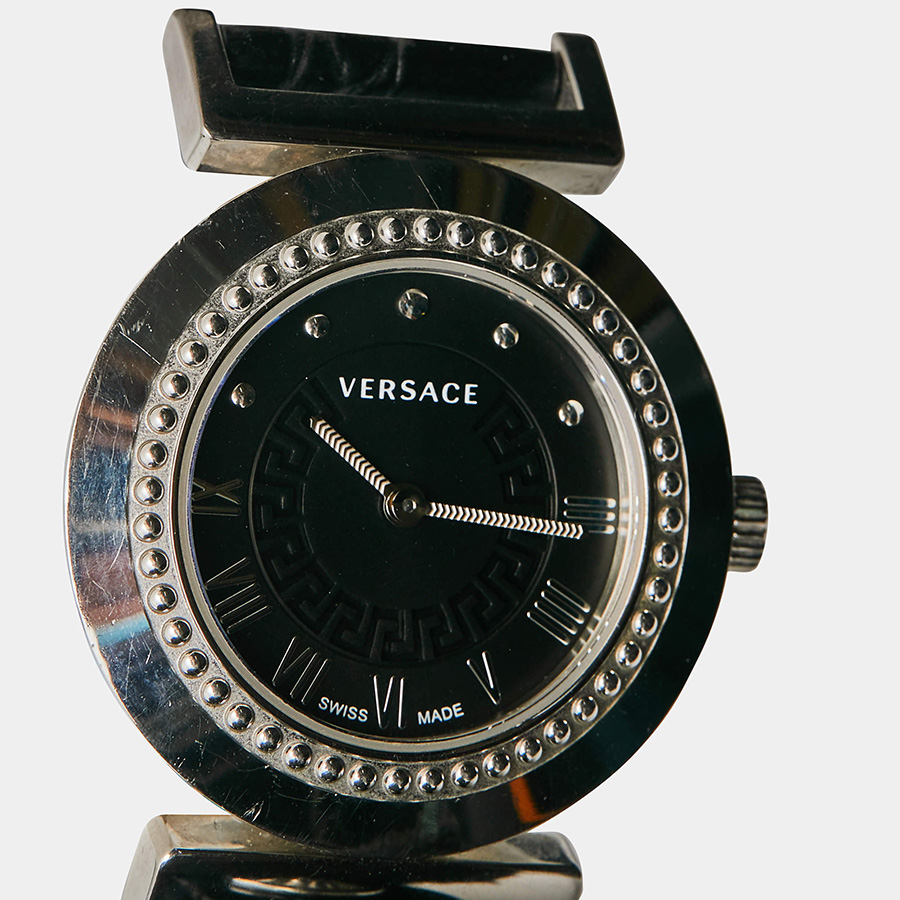 Đồng Hồ Nữ Versace Black Stainless Steel Leather Vanity P5Q Women's Wristwatch 35mm Màu Đen
