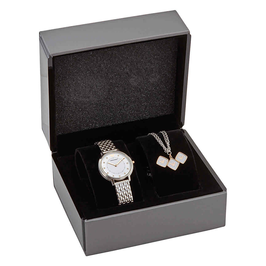 Set Đồng Hồ Nữ Emporio Armani Quartz Diamond White Dial Ladies Watch AR80023 Màu Bạc