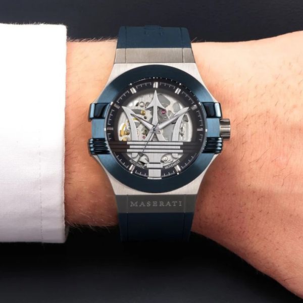 Maserati Potenza Automatic Black Dial Black Leather Strap Stainless Steel Watch For Men - R8821119006