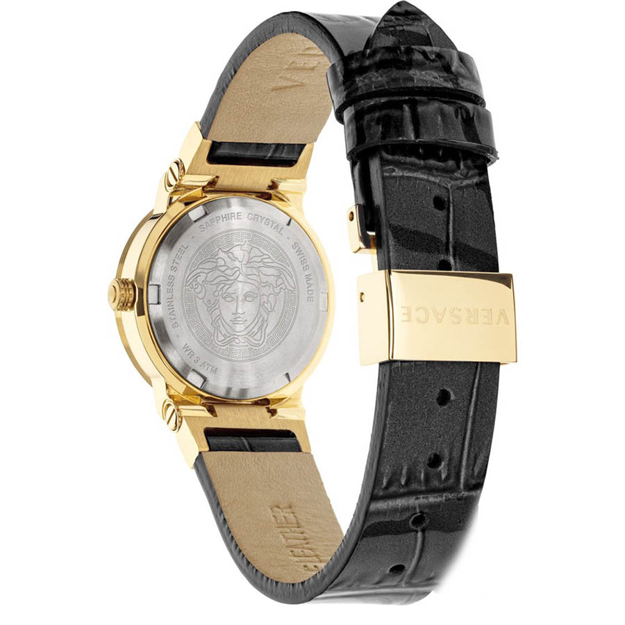 Đồng Hồ Nữ Versace Greca Logo Monogram Leather Watch 27mm Màu Đen Vàng